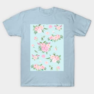 Watercolor Pink Roses Pattern On Blue Classic T-Shirt